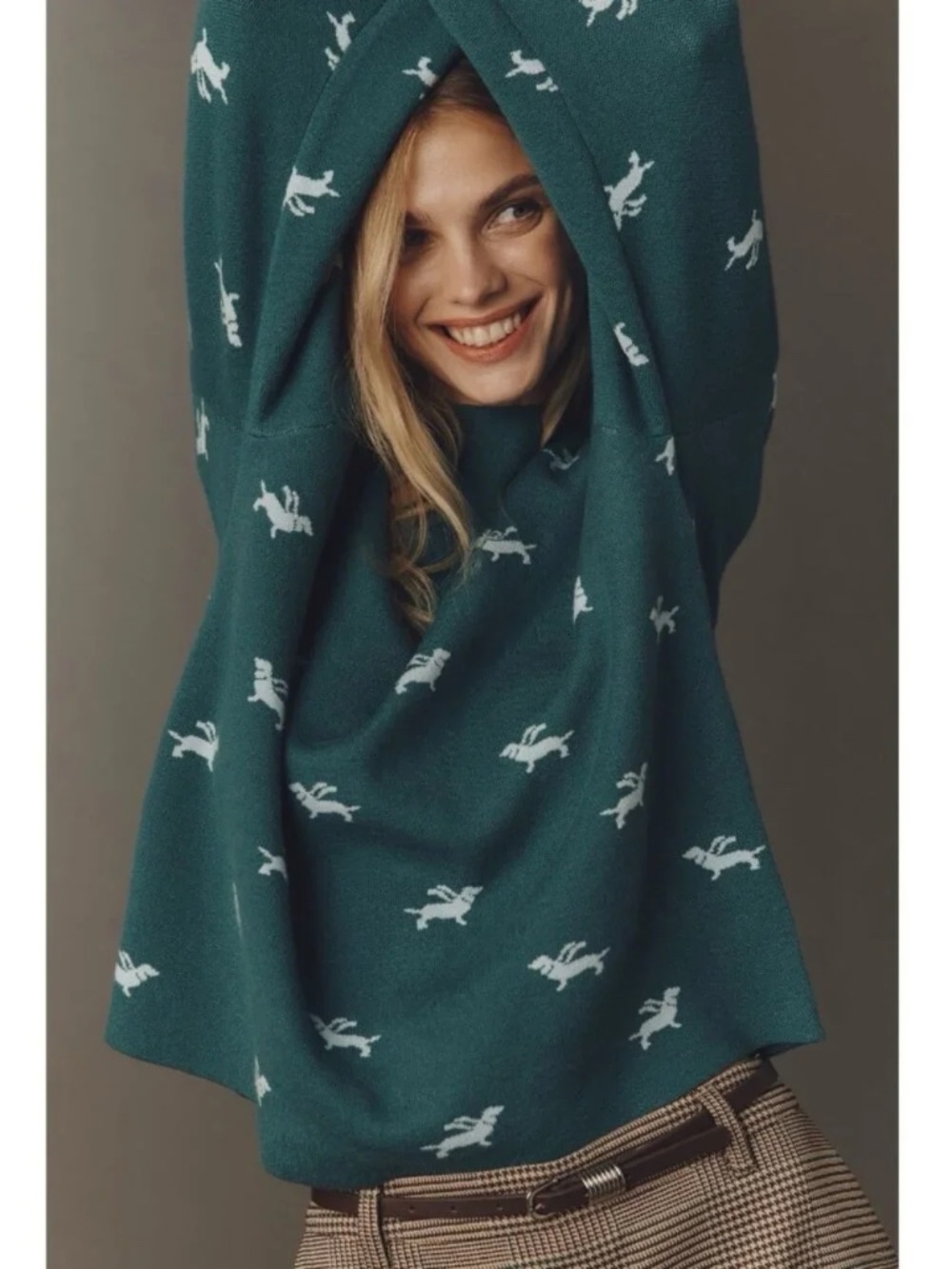 Anthropologie Maeve CARYS Mock Neck Sweater Womens Medium Dachshund Dog Green -M - Picture 4 of 7